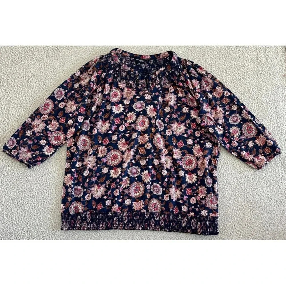 Lucky Brand Womens Peasant Top Size XXL Smocked Floral Flowy Soft Cotton‎